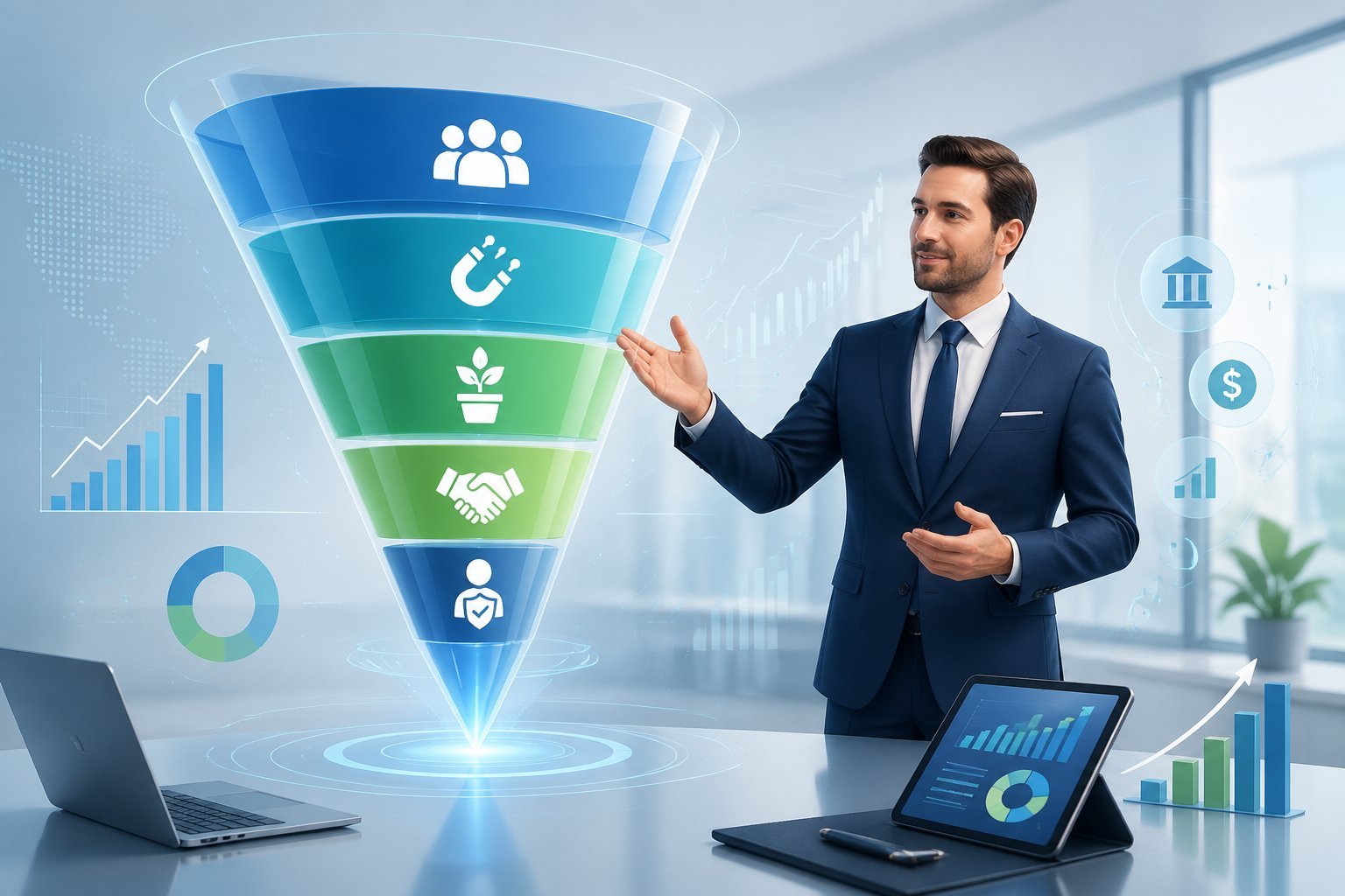 A financial advisor presenting a multi-stage sales funnel with financial symbols and charts in a modern office setting.