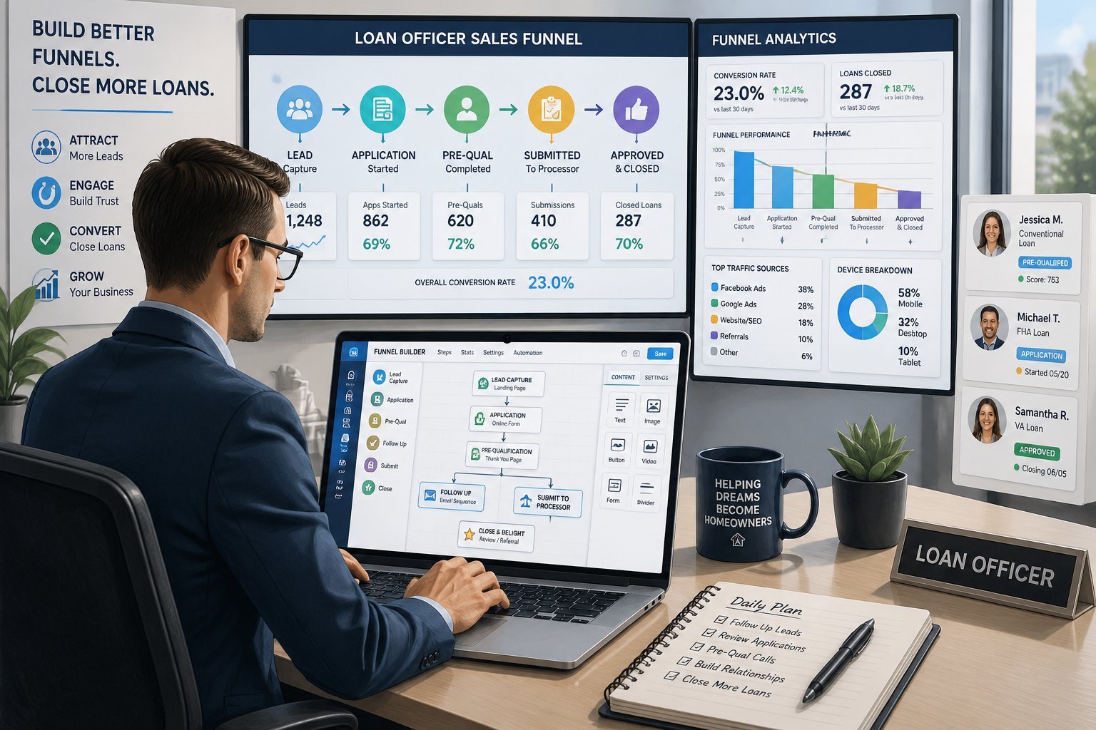 A loan officer working at a desk with multiple screens showing funnel diagrams and analytics charts related to loan applications.