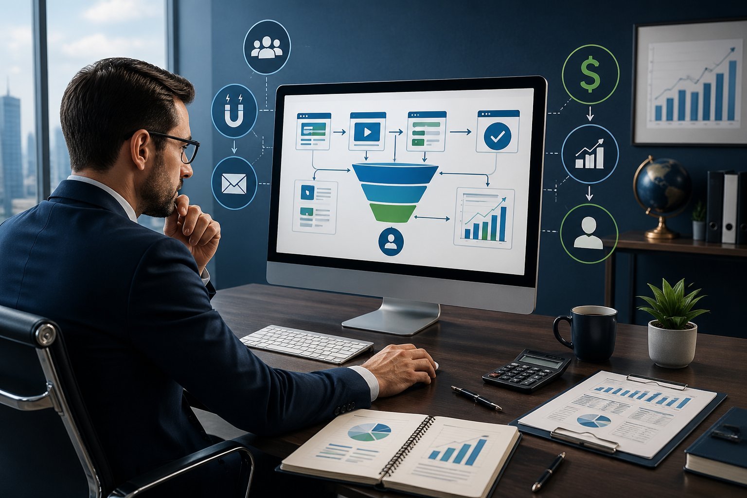 A financial advisor working at a desk with a computer screen showing sales funnel diagrams and financial planning elements around them.