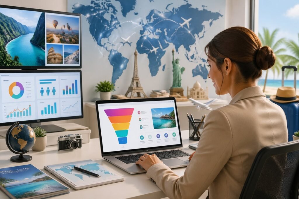 A travel agent at a desk using a laptop with screens showing travel marketing funnels, surrounded by travel icons and a world map with flight routes.