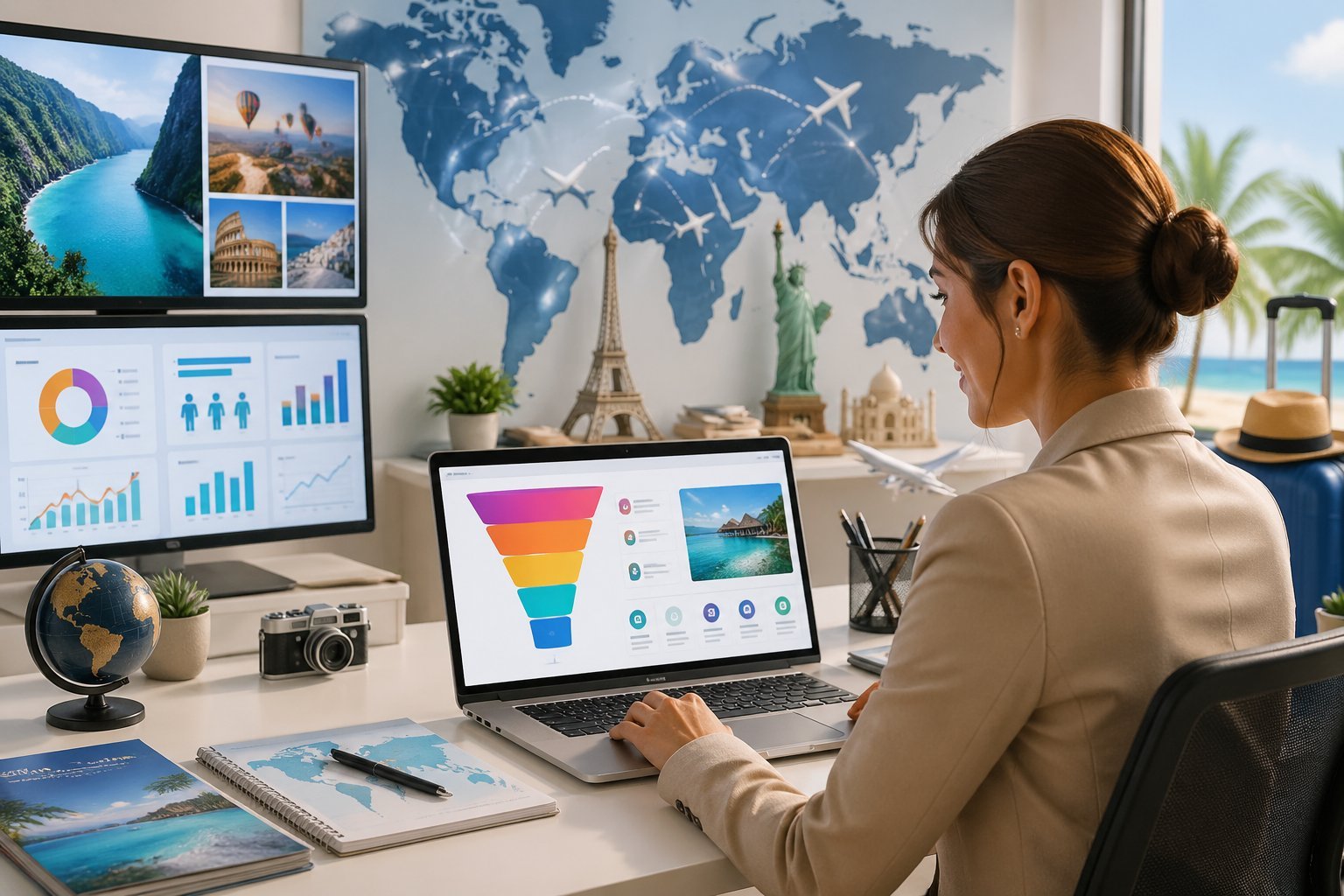 A travel agent at a desk using a laptop with screens showing travel marketing funnels, surrounded by travel icons and a world map with flight routes.