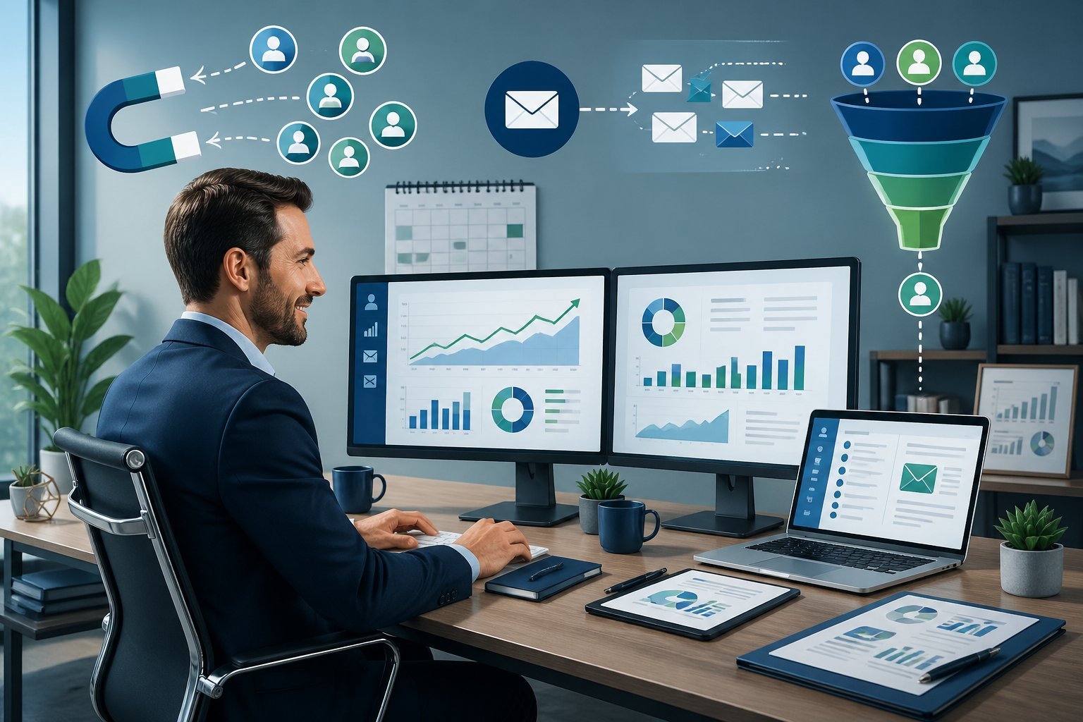 A financial advisor at a desk with multiple screens showing charts and email marketing tools, surrounded by icons of magnets, emails, and funnels.