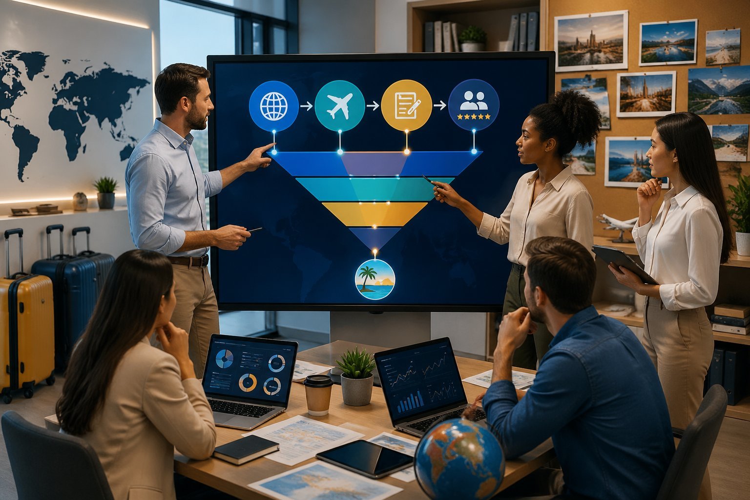 A team of travel agents working together around a digital screen displaying travel-related funnel stages in a modern office filled with maps and travel items.