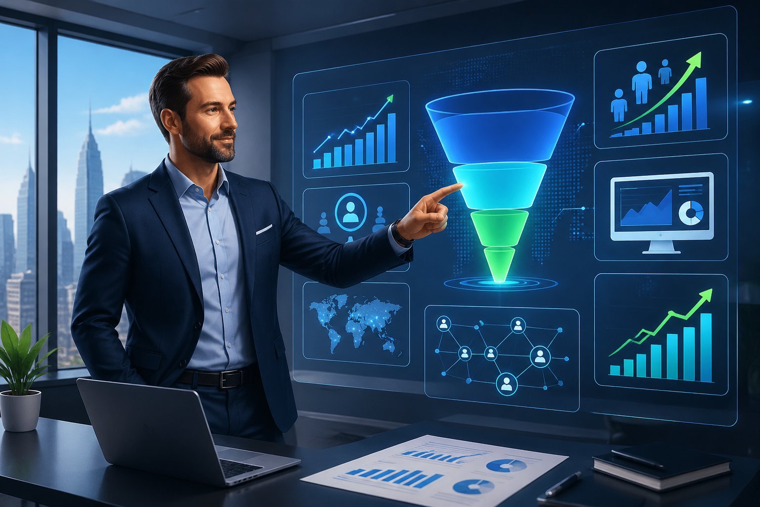 A financial advisor in an office pointing at a digital dashboard showing marketing metrics and sales funnel diagrams with symbols of traffic growth and online networking.