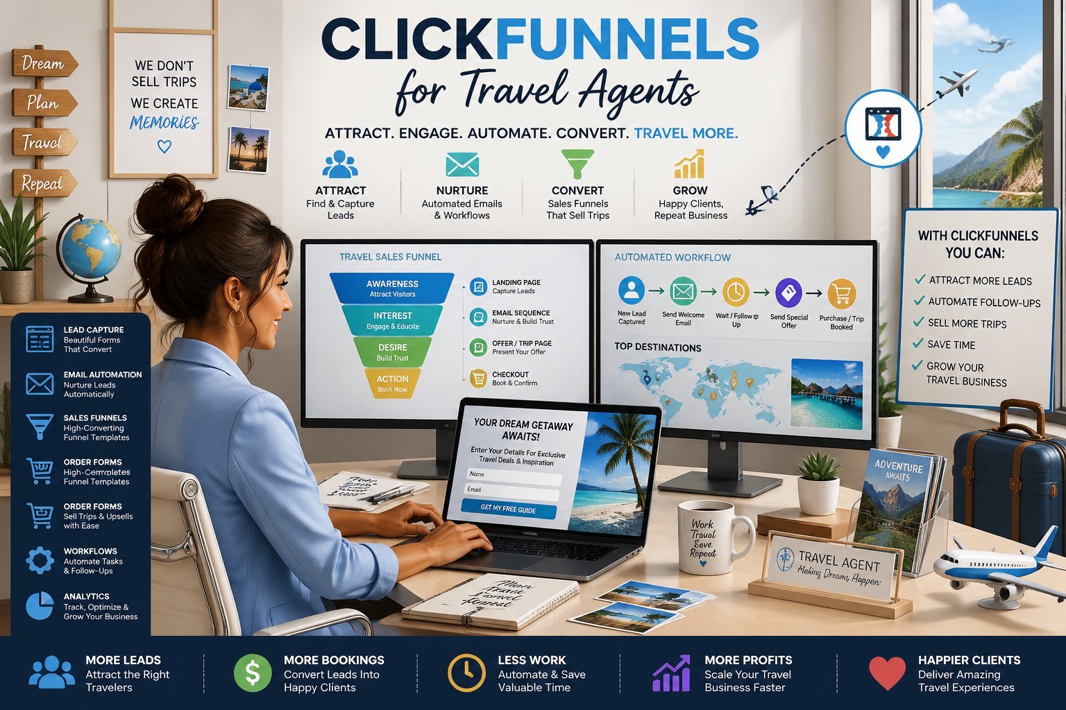 A travel agent at a desk using multiple screens displaying travel icons and funnel diagrams in a bright office with travel decorations.