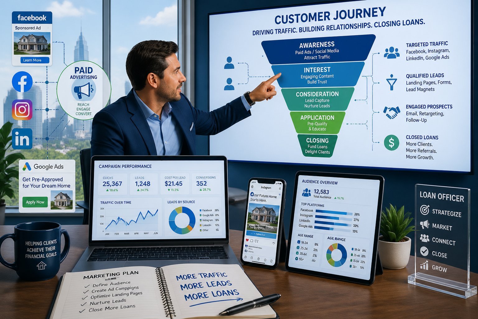 A loan officer working at a desk with digital devices showing marketing analytics and social media icons, focusing on a large screen displaying a marketing funnel diagram.
