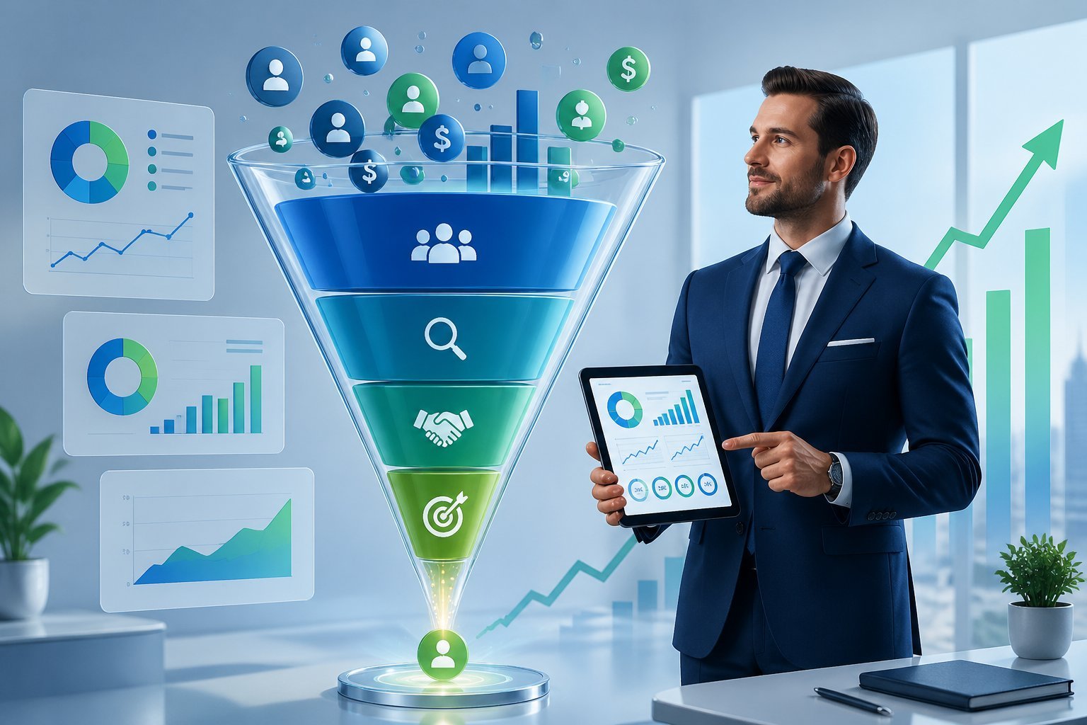 A financial advisor standing beside a large sales funnel graphic filled with client icons and charts, surrounded by data visuals and upward arrows symbolizing improved performance and conversion.