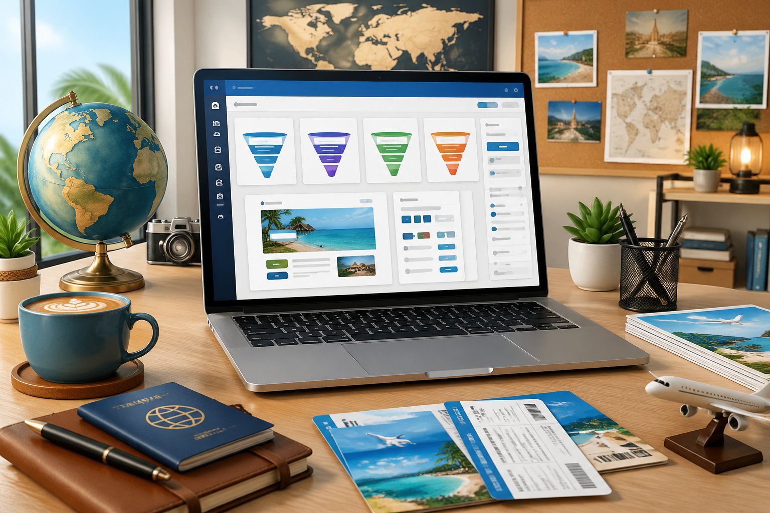 A workspace with a laptop showing funnel templates, surrounded by travel items like a globe, passport, and airplane tickets in an office with travel-themed decor.