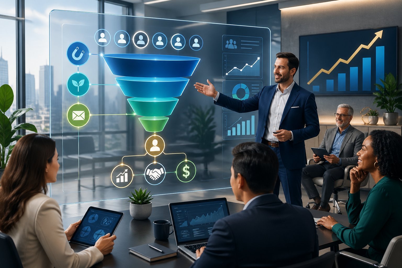 A financial advisor presenting a digital sales funnel to engaged clients with charts and graphs showing growth in a modern office setting.