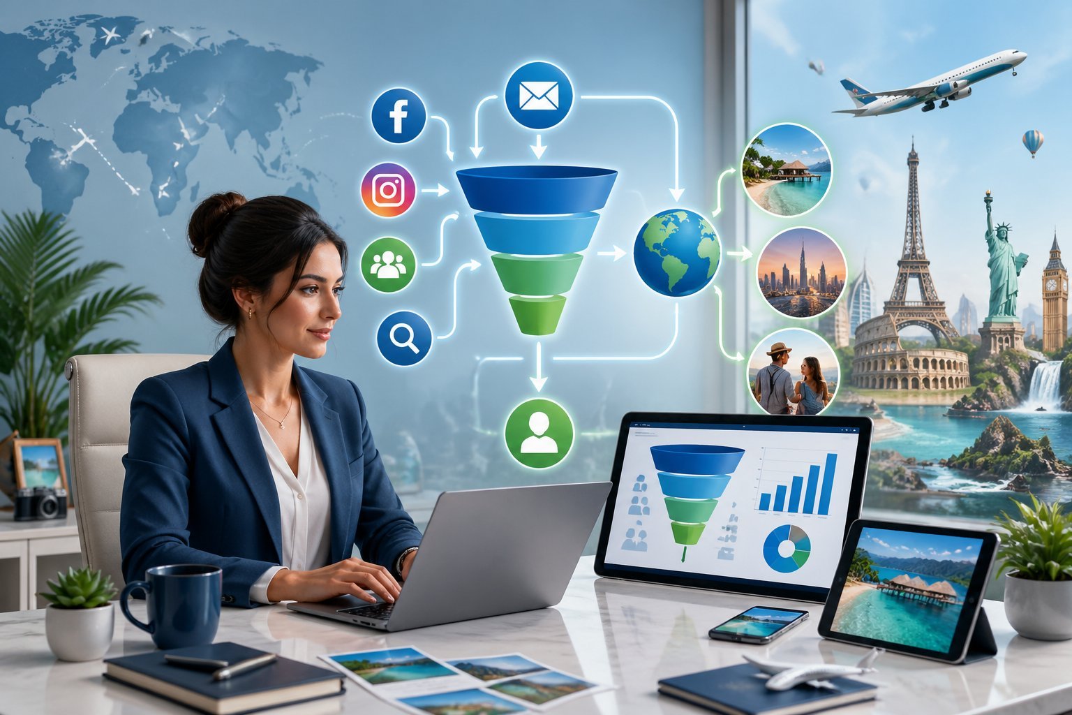A travel agent at a desk using digital devices with icons representing marketing funnels, emails, social media, and travel destinations connected by arrows.