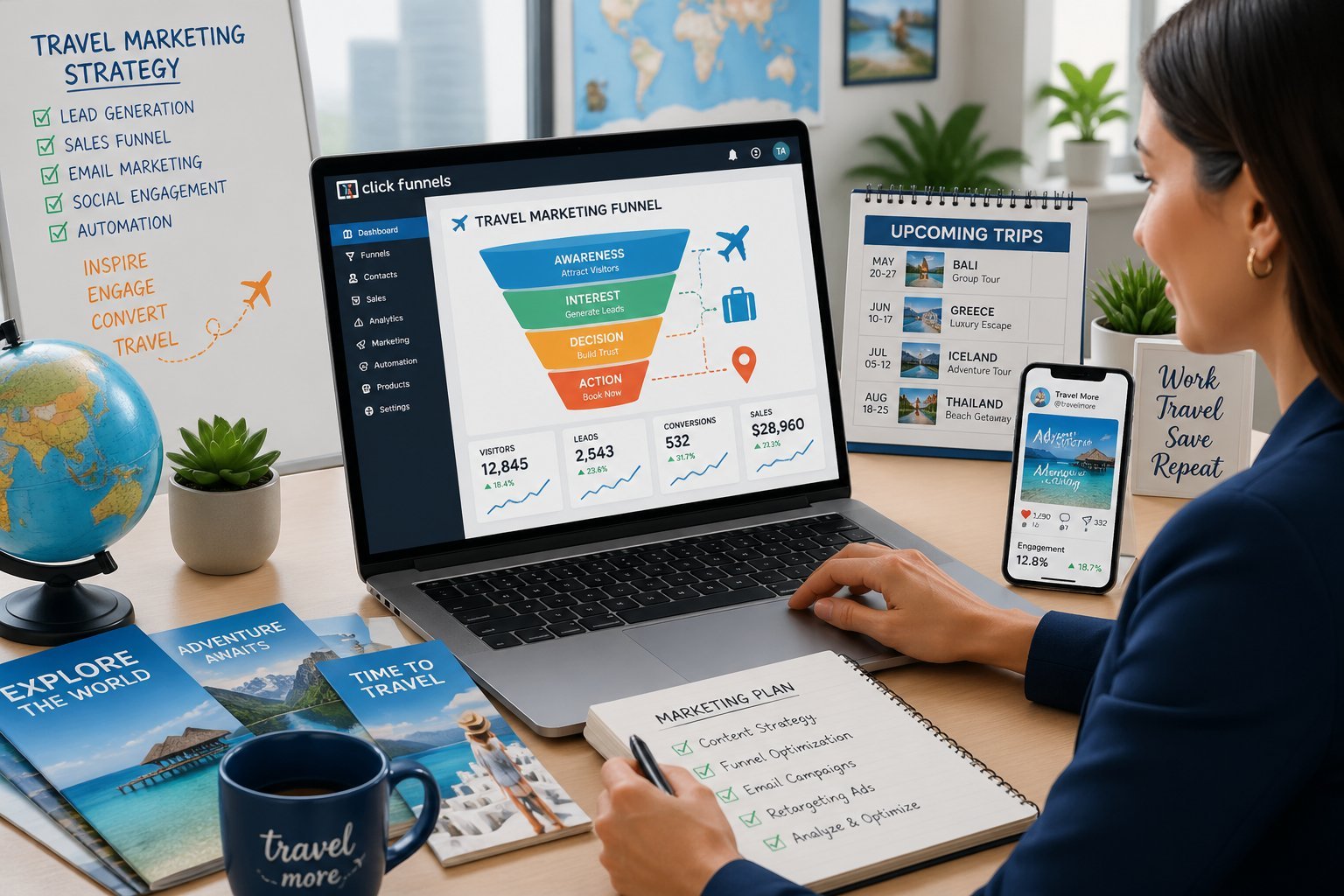 A travel agent working at a desk with a laptop showing marketing funnels and travel icons, surrounded by travel-related items like brochures, a globe, and a smartphone.