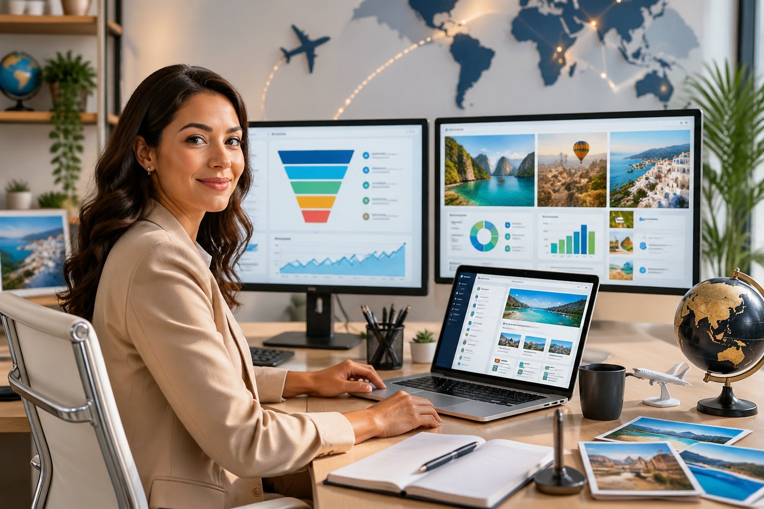 A travel agent working at a desk with multiple screens showing digital marketing funnels and travel-related items like a globe and airplane models.