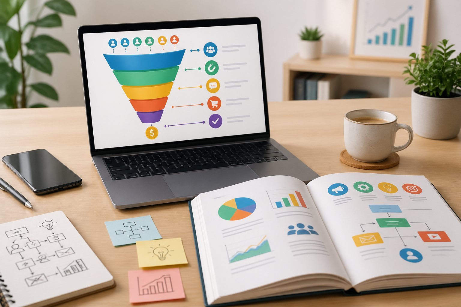 A workspace with a laptop showing a sales funnel diagram and an open book with charts, surrounded by a smartphone, coffee cup, and sticky notes.