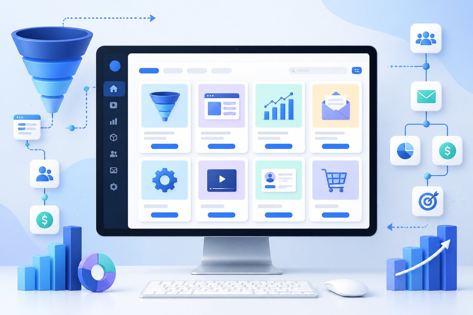 A computer screen showing a digital marketplace with various product icons and graphical elements representing marketing and sales funnels.