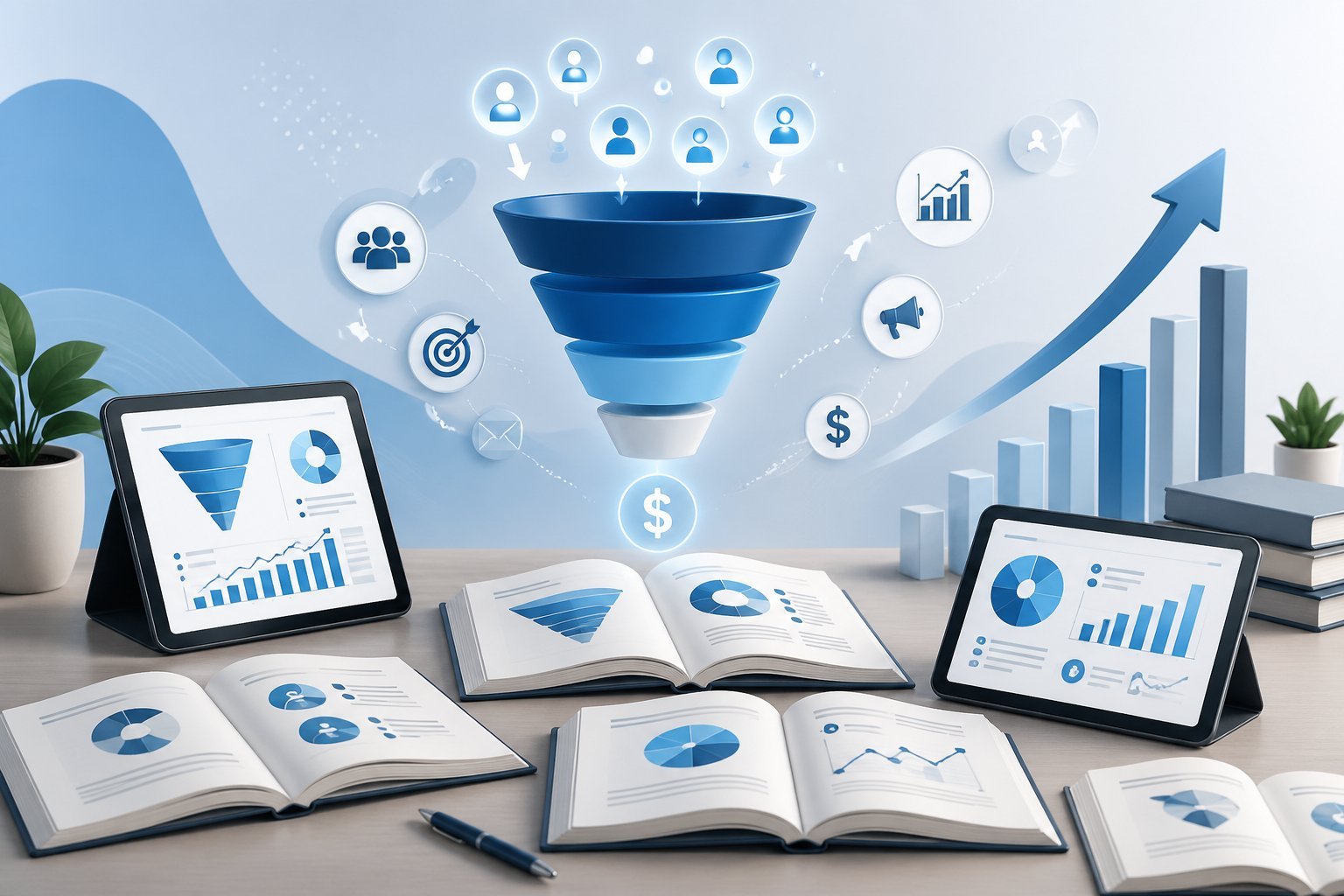 An organized workspace showing open books and digital devices with charts and funnel icons representing marketing and sales strategies.