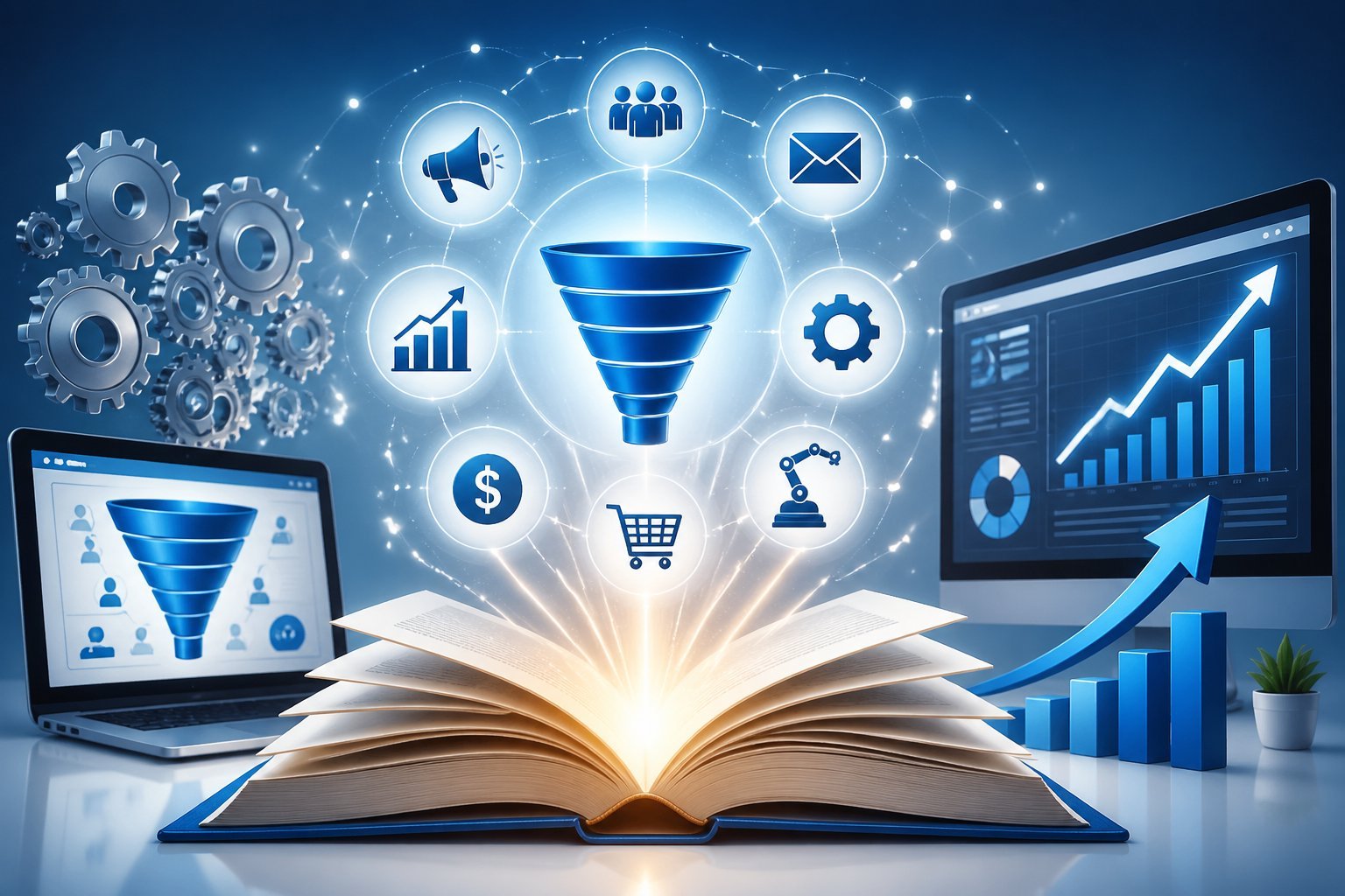 An open book with glowing pages surrounded by digital icons of marketing, sales funnels, graphs, and gears symbolizing online business growth.