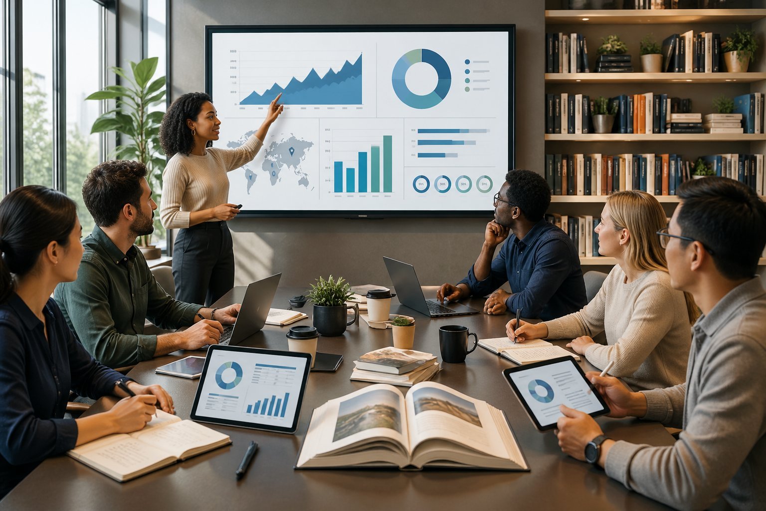 A group of people collaborating around a table with charts and books in a bright workspace.