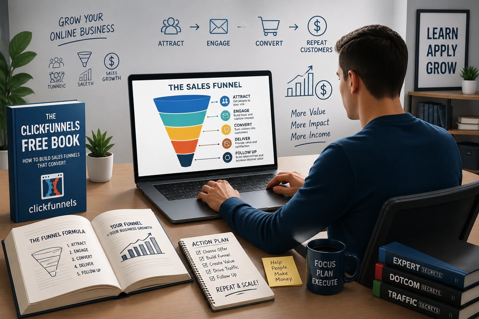 Person working at a desk with a laptop and open books, surrounded by icons of marketing and sales concepts.