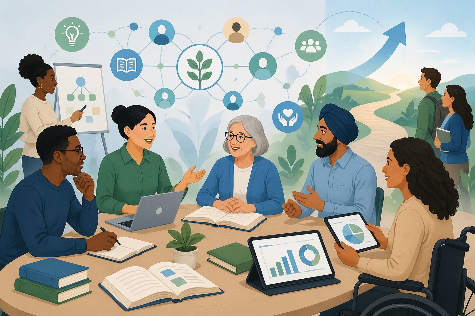 A group of diverse people gathered together sharing ideas and resources with books, digital devices, and symbols of connection and progress around them.