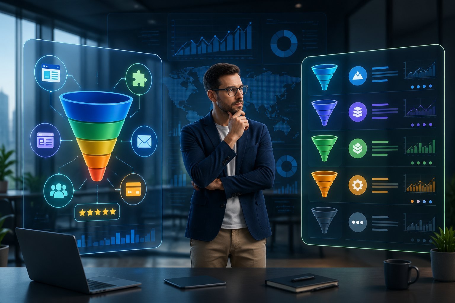 A business professional compares two digital marketing funnel builder interfaces displayed on large transparent screens in a modern office.