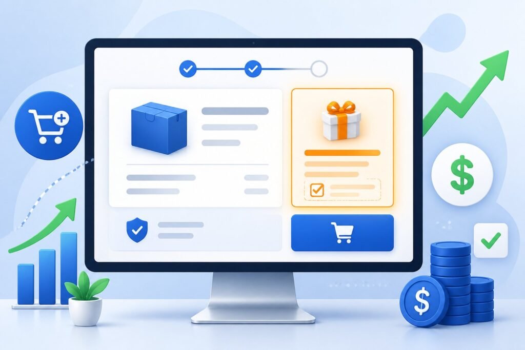 A computer screen showing an online checkout page with a highlighted secondary offer next to the main purchase button, surrounded by icons representing increased sales and customer engagement.