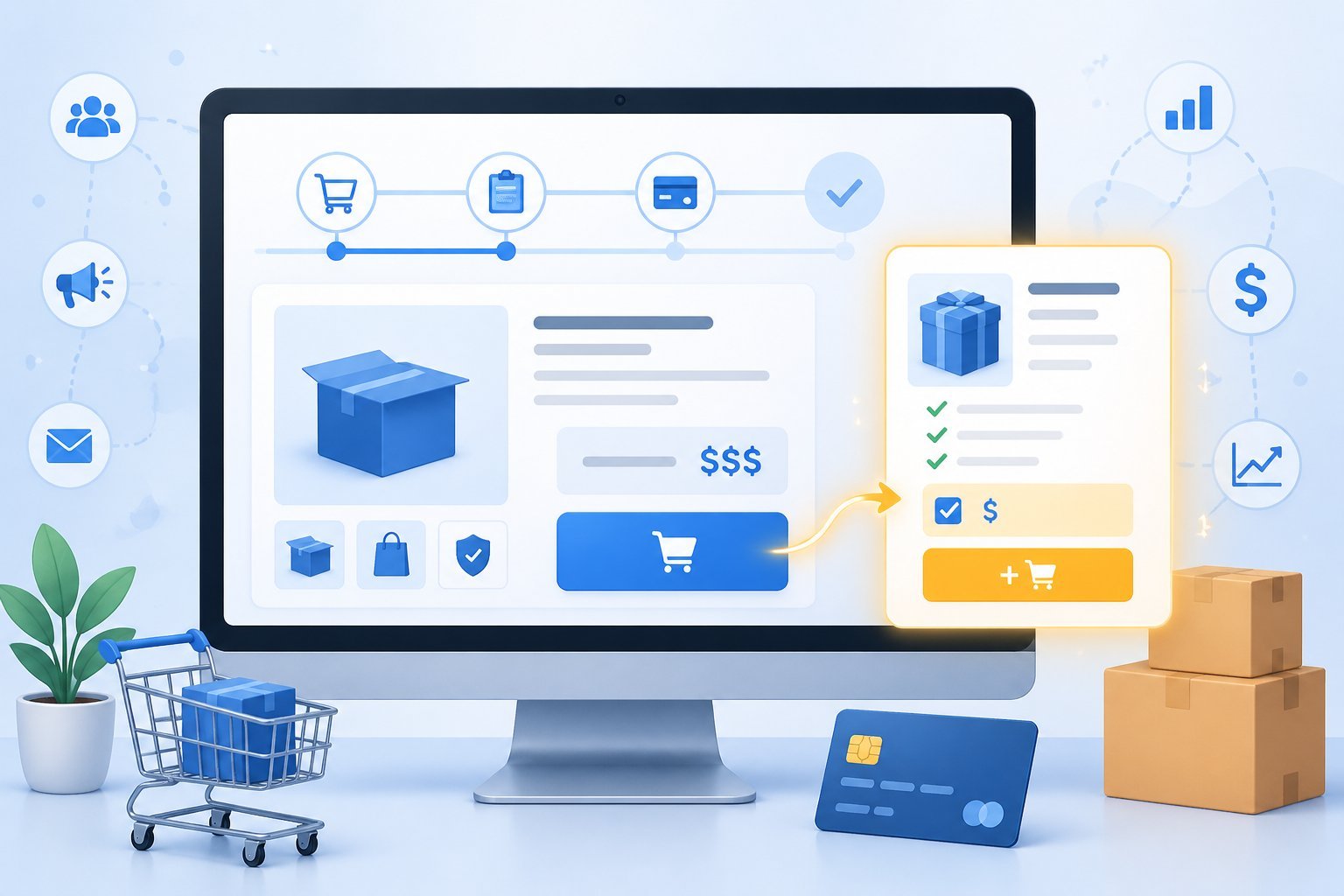 A computer screen showing a sales funnel interface with an order bump offer highlighted next to the main purchase option, surrounded by shopping-related icons.