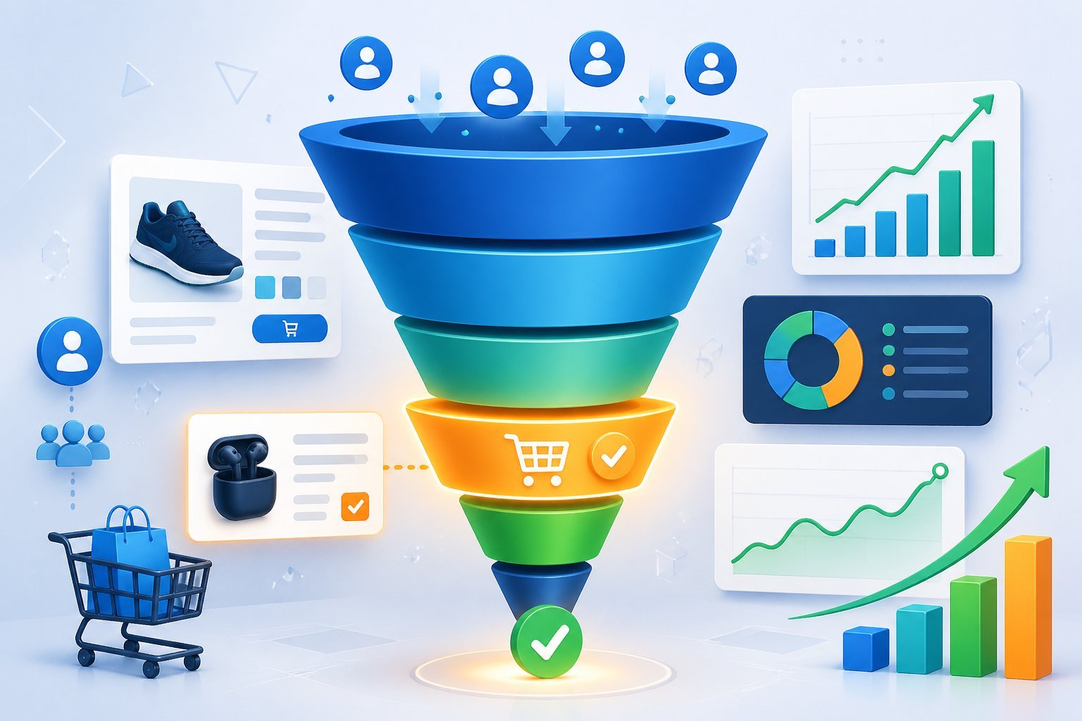 A digital sales funnel illustration showing a highlighted order bump section with charts and icons representing increased conversions and sales optimization.