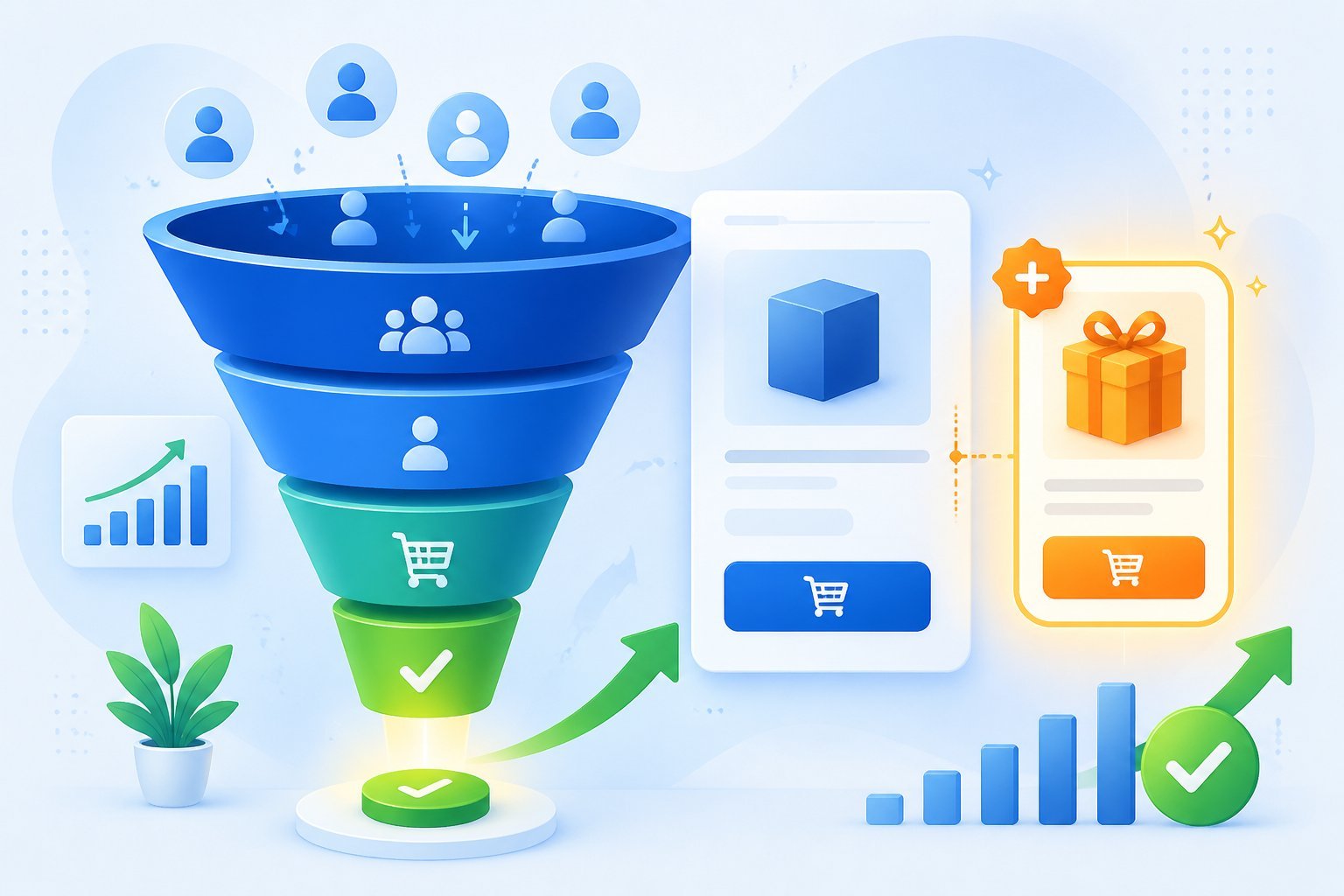 A digital sales funnel with an emphasized smaller offer popping up alongside the main purchase path, showing increased customer engagement and conversion.