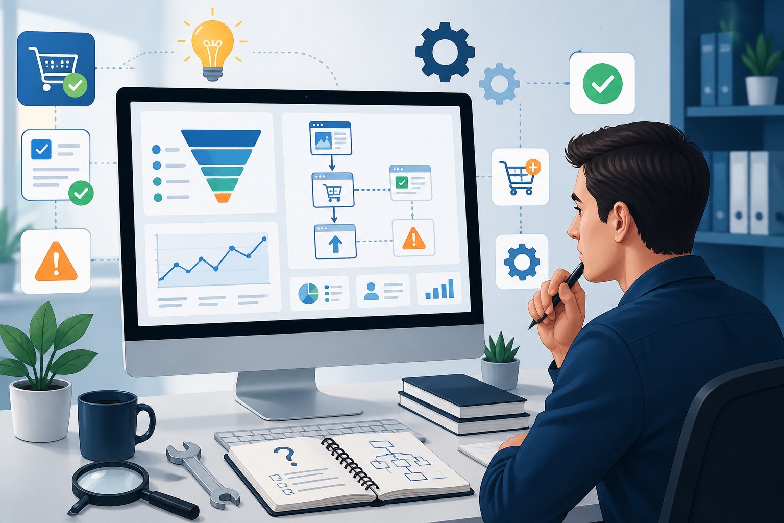 A person at a desk analyzing a computer screen with sales funnel charts and troubleshooting icons related to online order bumps.