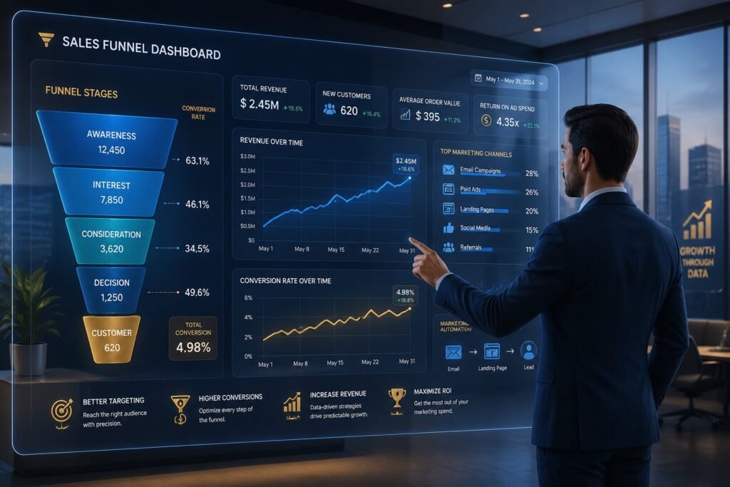 A business professional reviewing a digital sales funnel dashboard with charts and marketing icons in a modern office setting.