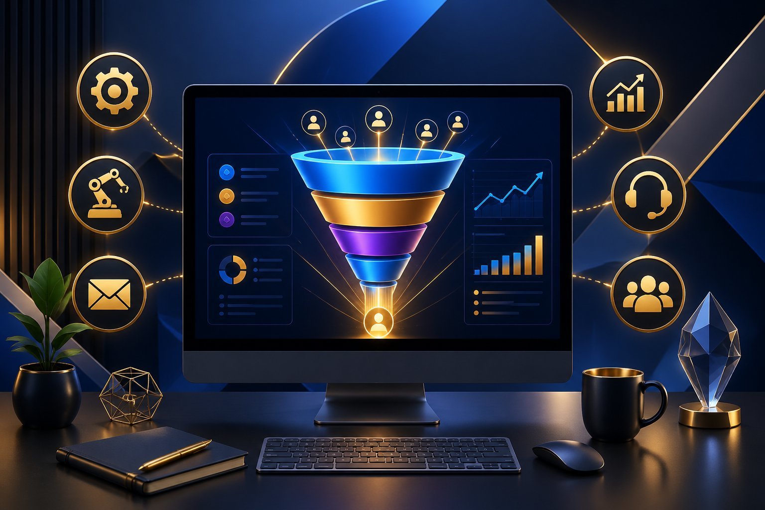 A modern workspace with a computer screen showing a glowing marketing funnel surrounded by icons representing automation, analytics, and support.