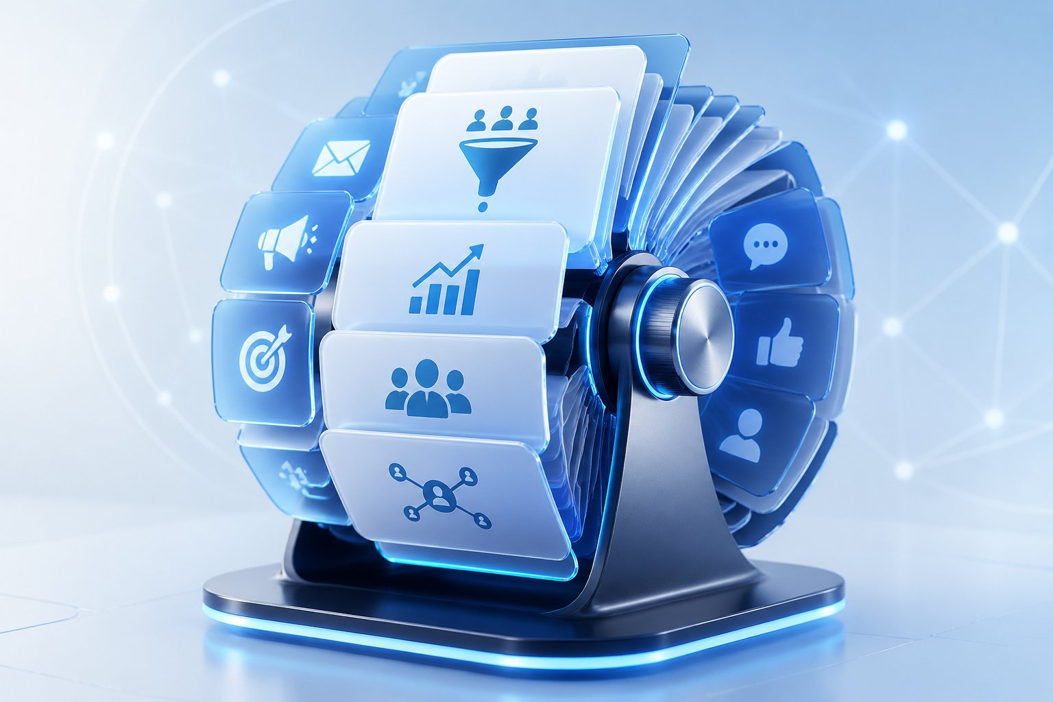 A rotating digital rolodex with translucent cards showing abstract marketing and networking icons.
