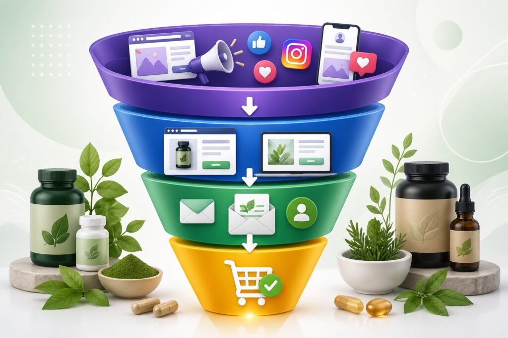 An illustration of a multi-step digital marketing funnel for selling supplements, showing stages from online ads to purchase, with supplement bottles and natural ingredients around the funnel.