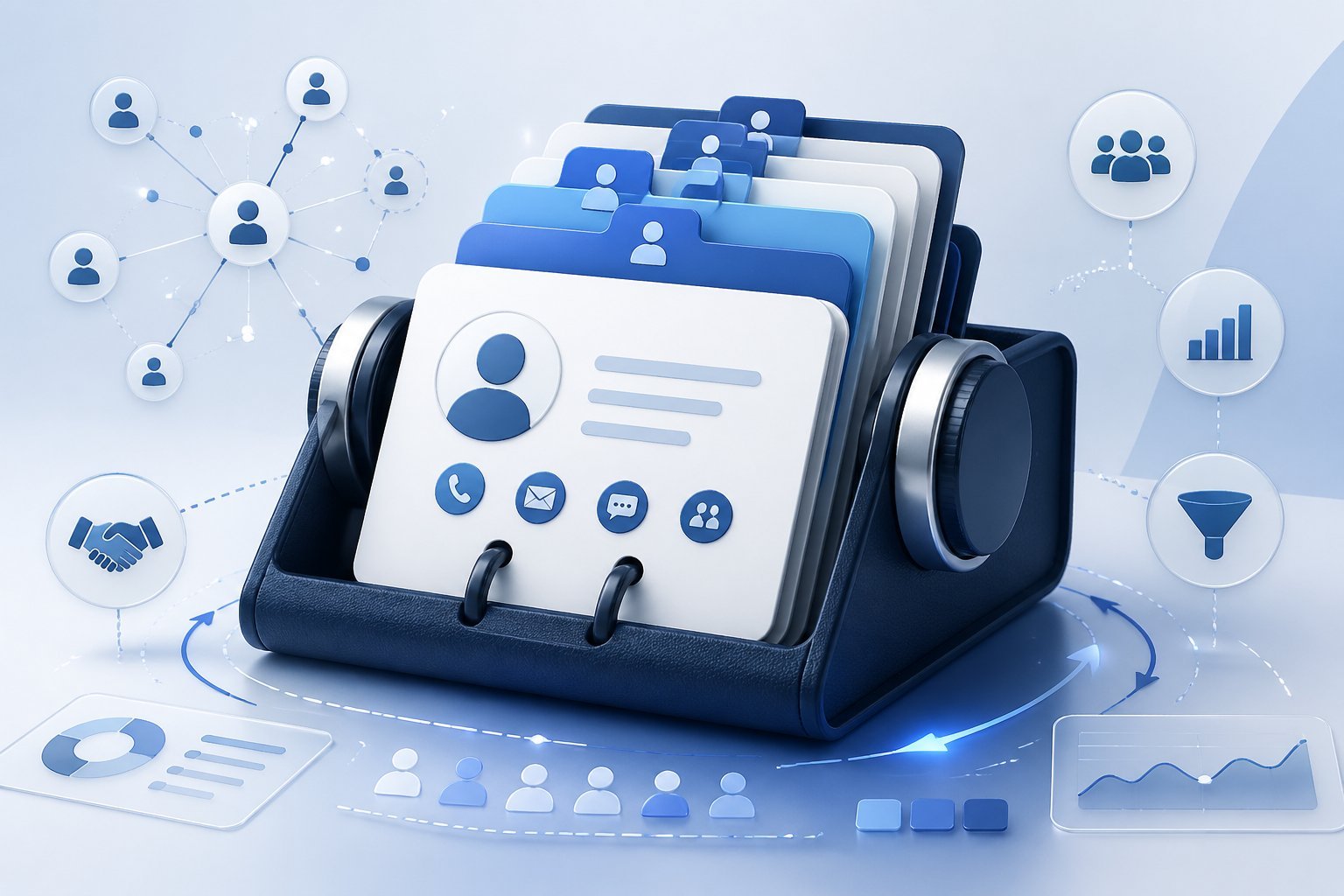 An open digital rolodex displaying multiple contact cards with icons representing user profiles and business connections.
