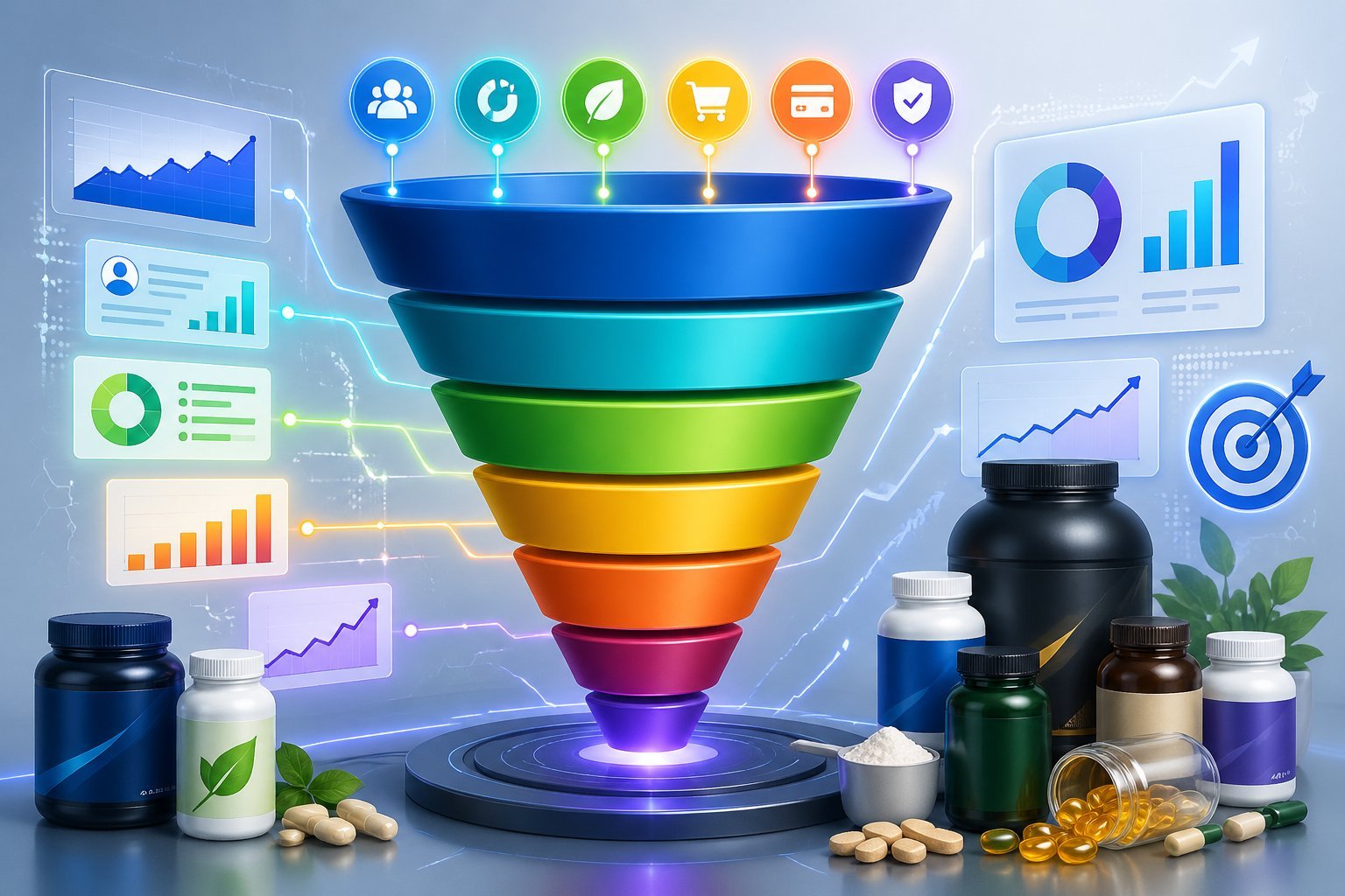 A multi-layered funnel surrounded by supplement bottles and digital charts representing the stages of a supplement sales process.