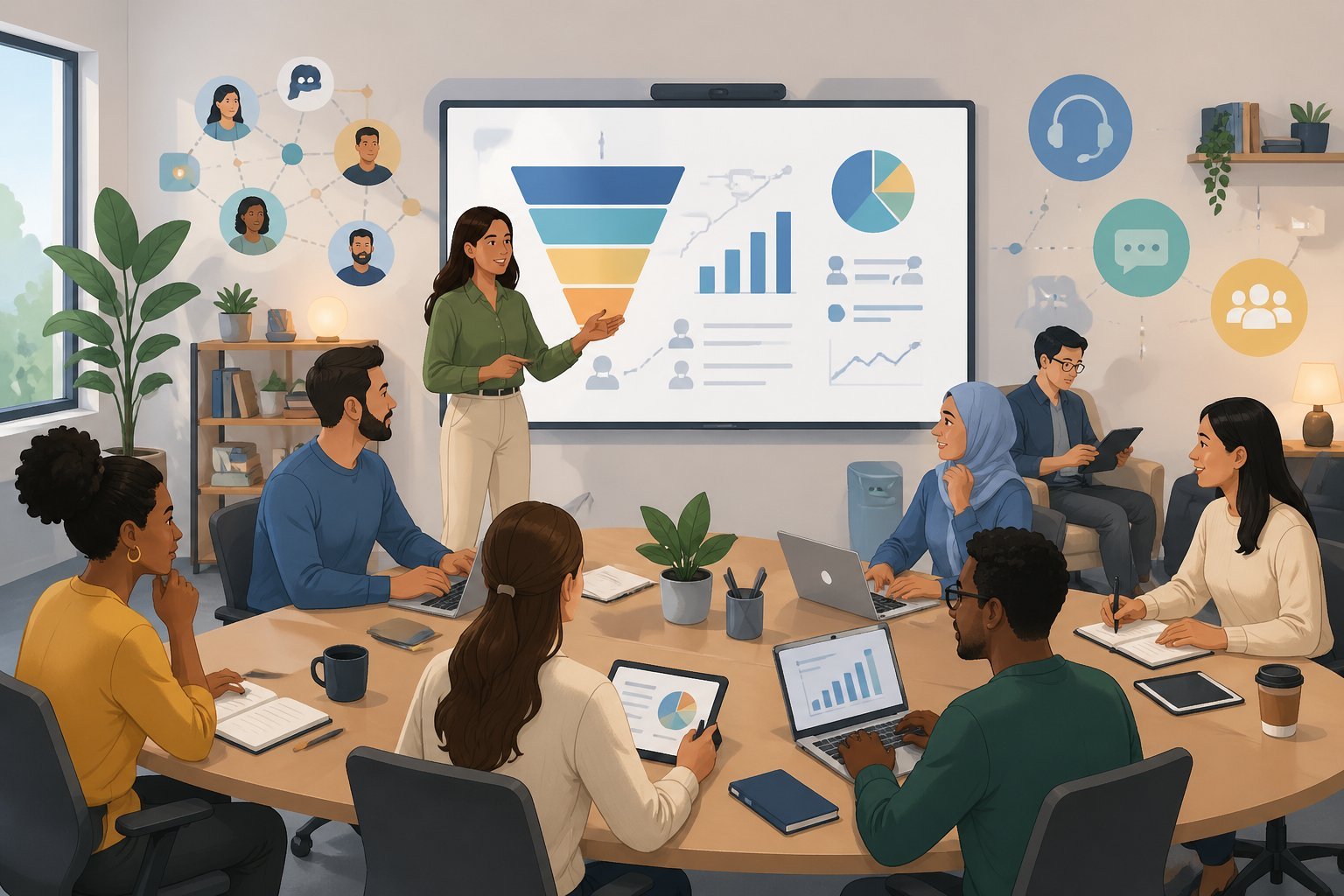 A group of people working together around a table with laptops and a digital whiteboard showing charts, representing training and community support.