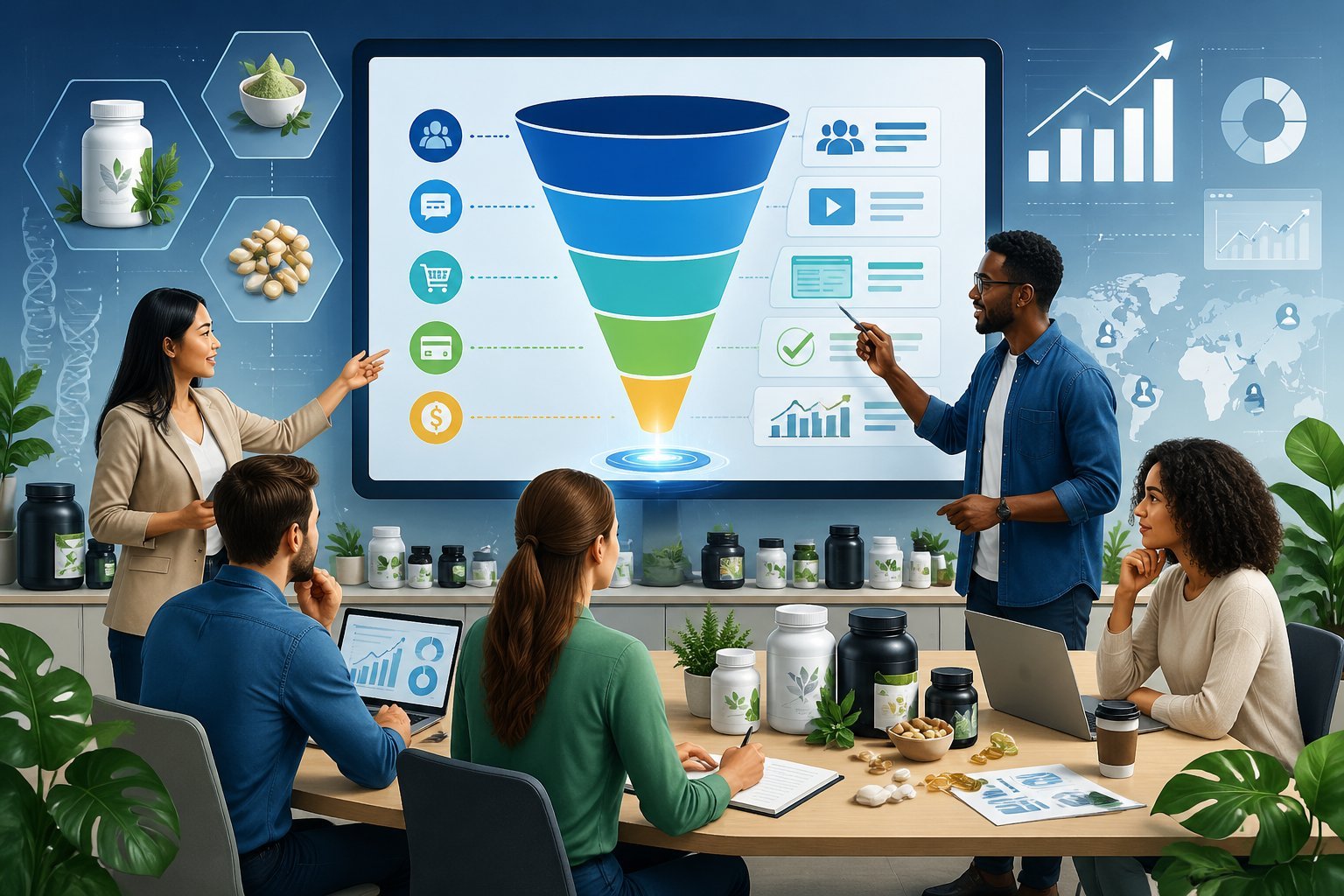 A team of professionals working together around a digital screen showing a sales funnel with supplement bottles and natural ingredients nearby.