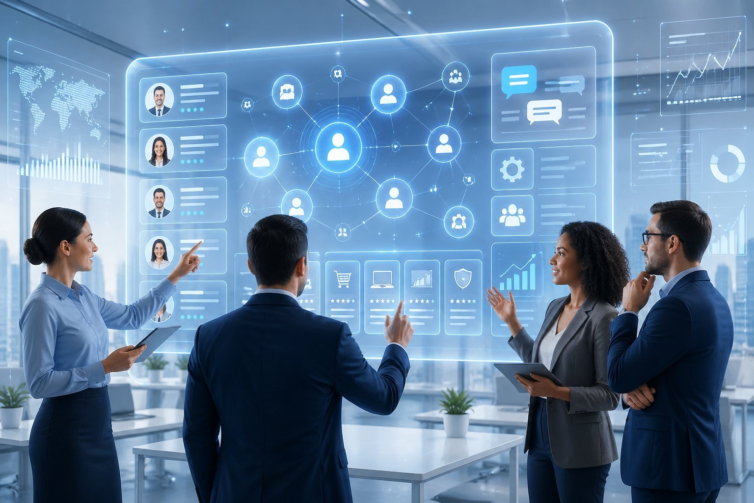 A group of business professionals interacting with a large holographic digital marketplace interface showing icons for networking, collaboration, and tools in a modern office setting.