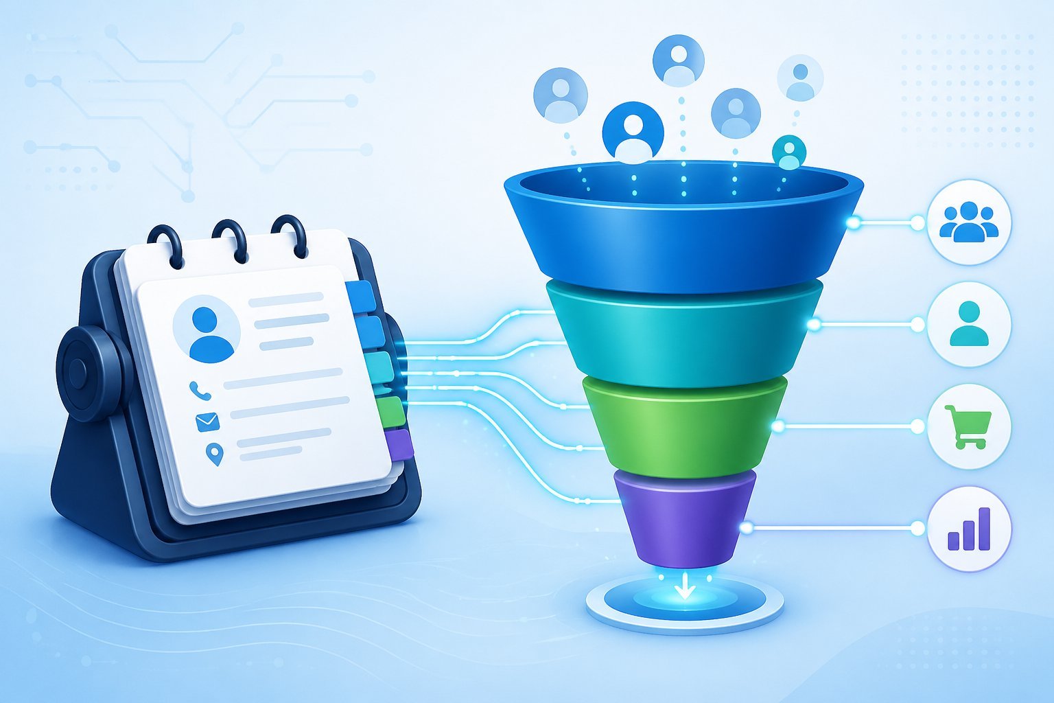 An illustration showing a digital contact book connecting to a multi-stage sales funnel with arrows indicating data flow between them.