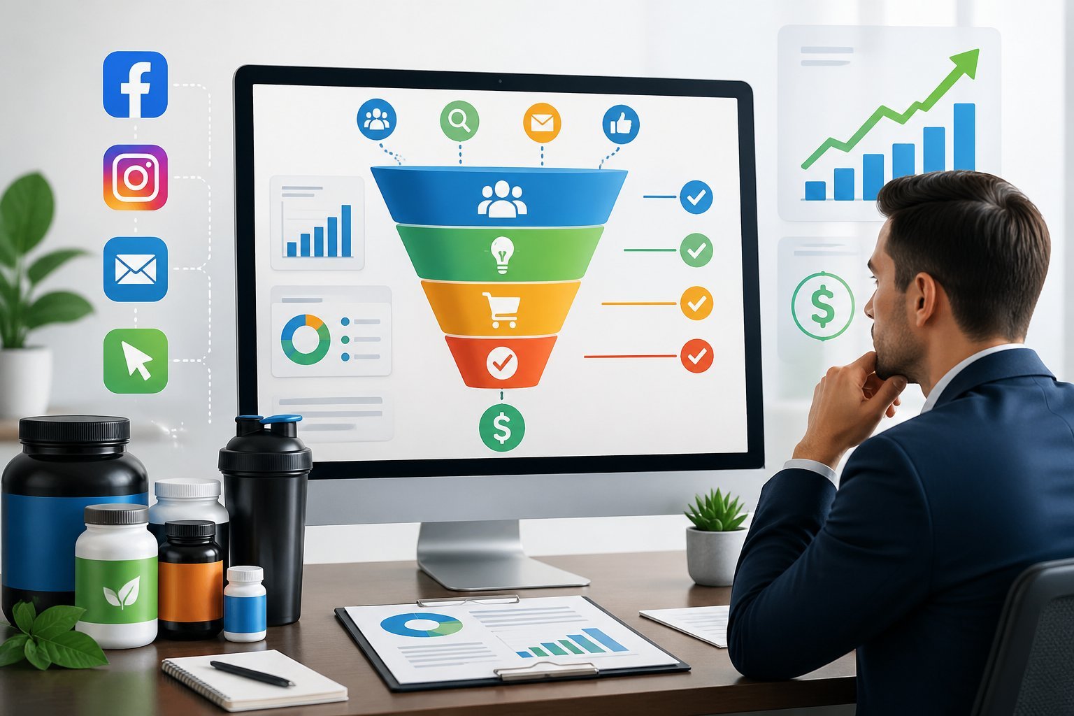 A business professional analyzing a digital sales funnel on a computer screen surrounded by supplement bottles and marketing icons.