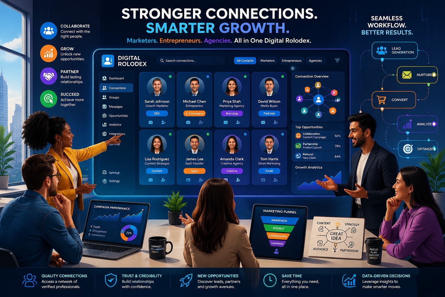 A group of professionals collaborating around a large digital rolodex interface in a modern workspace, sharing ideas and analyzing data together.