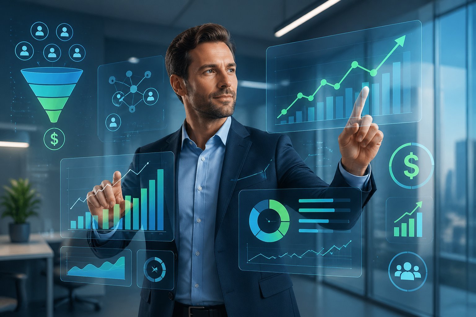 A business professional reviewing digital charts and graphs with icons representing marketing and sales funnels in a modern office setting.