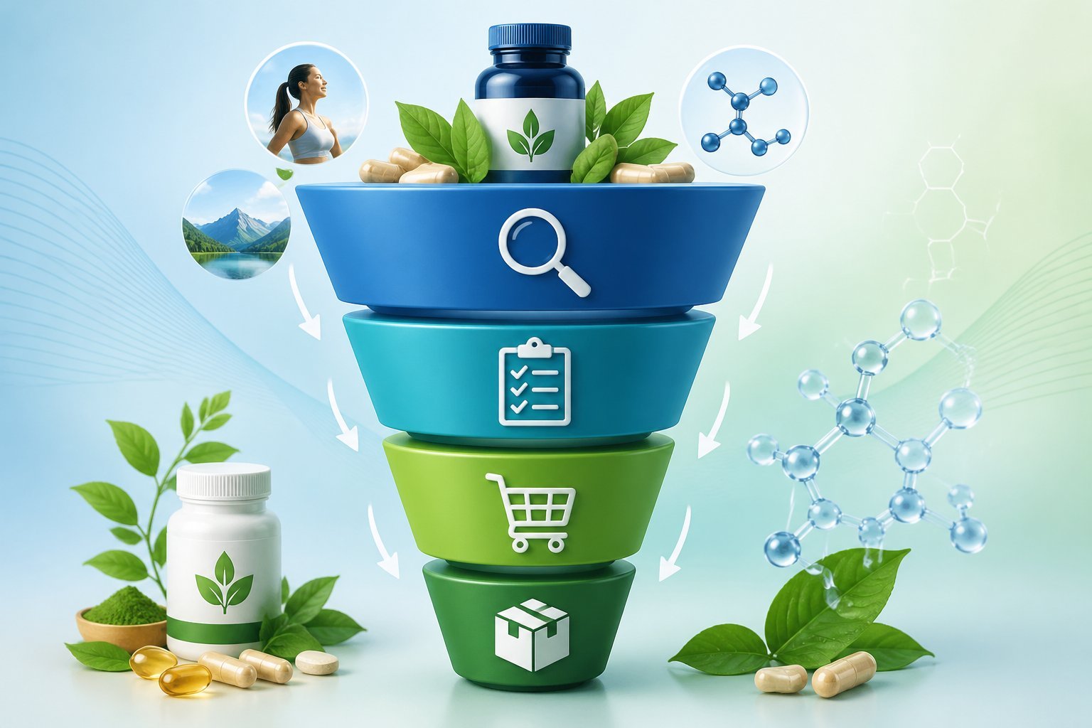 A multi-layered sales funnel illustrating stages of a supplement marketing process, surrounded by icons representing health and supplements.