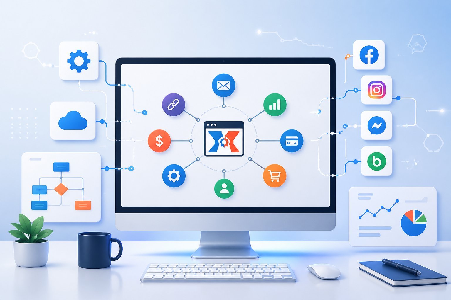 A digital workspace showing a computer screen with interconnected icons of marketing and sales tools, surrounded by symbols representing integration and automation.