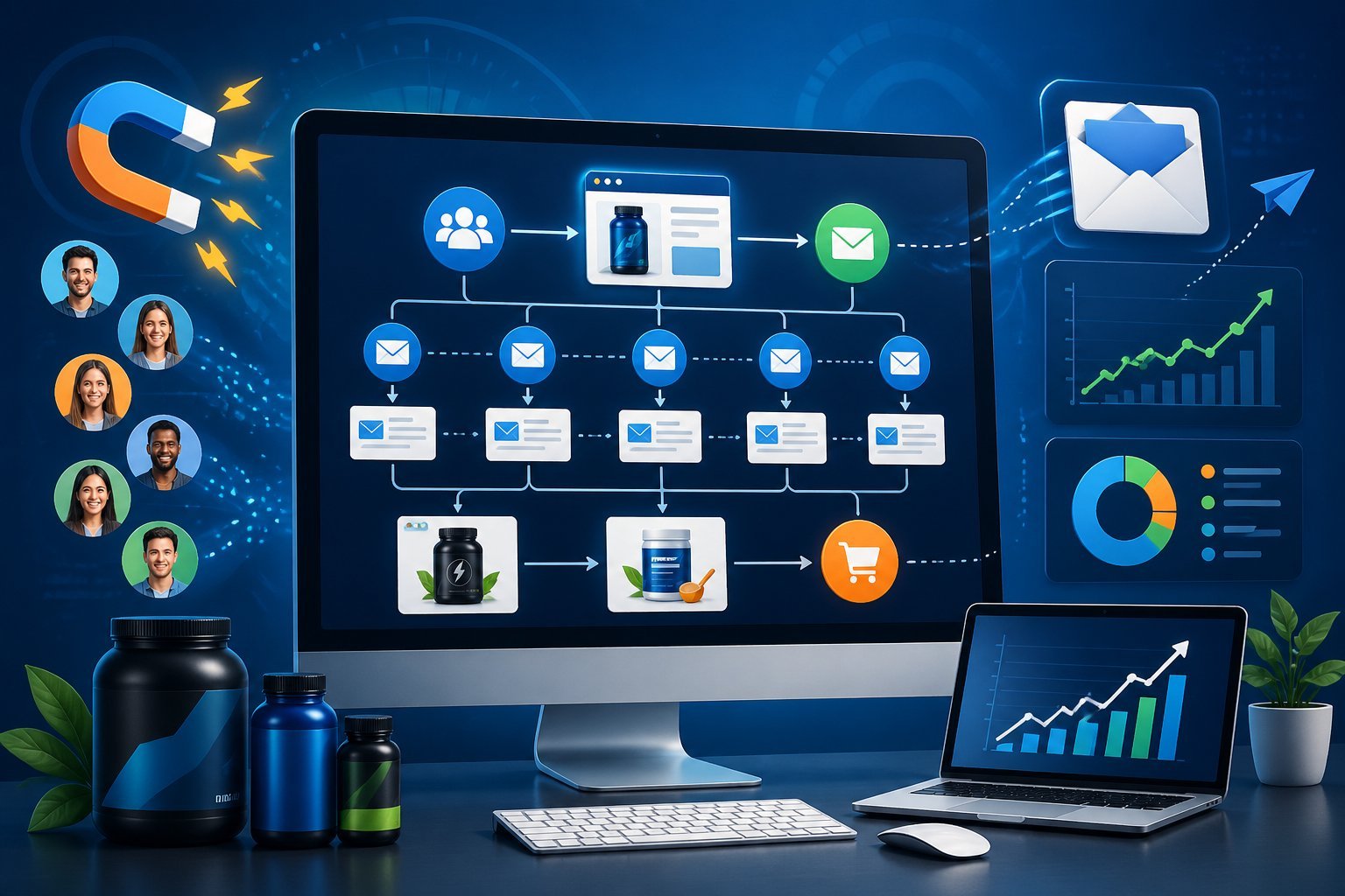 A digital workspace showing a computer screen with flowcharts and funnels, surrounded by email icons, user avatars, and supplement product images, representing lead generation and email marketing automation.