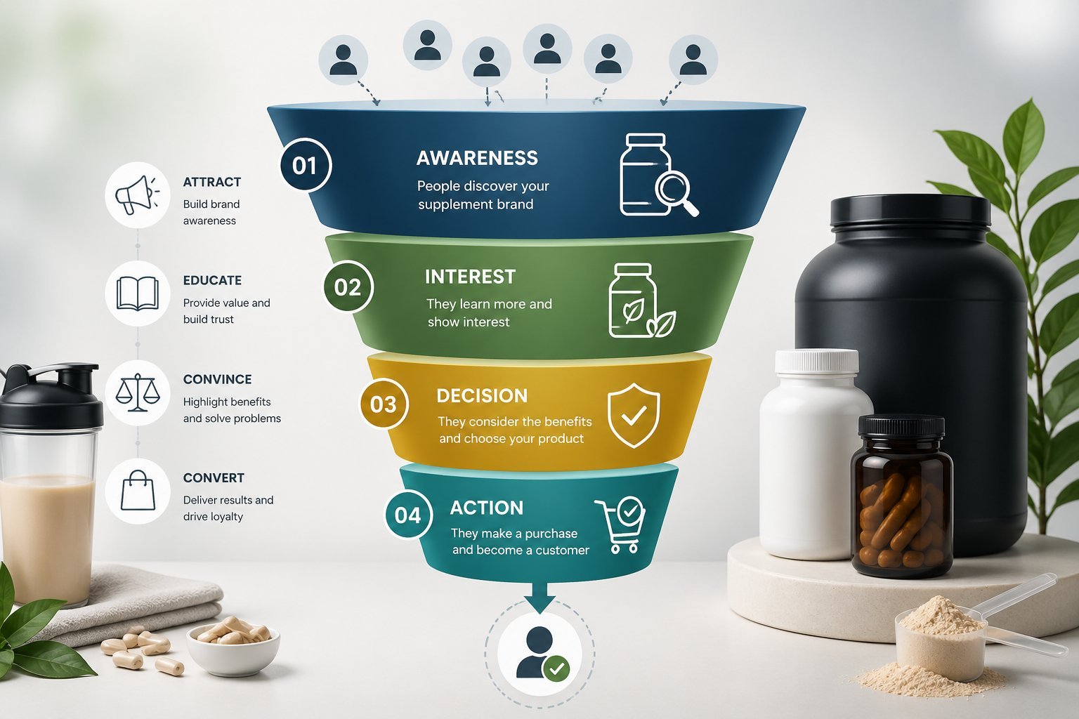 Illustration of a multi-step supplement sales funnel with icons of capsules and bottles representing different stages of customer engagement.
