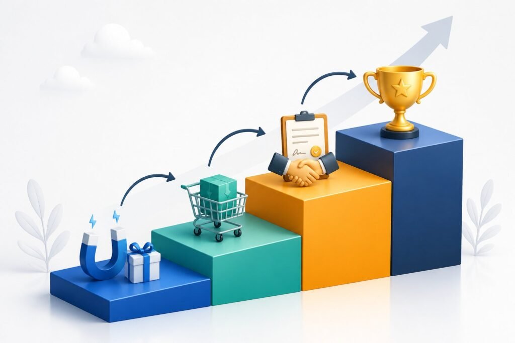 An illustration showing a multi-step ladder with icons on each step representing increasing levels of customer engagement and product offerings.