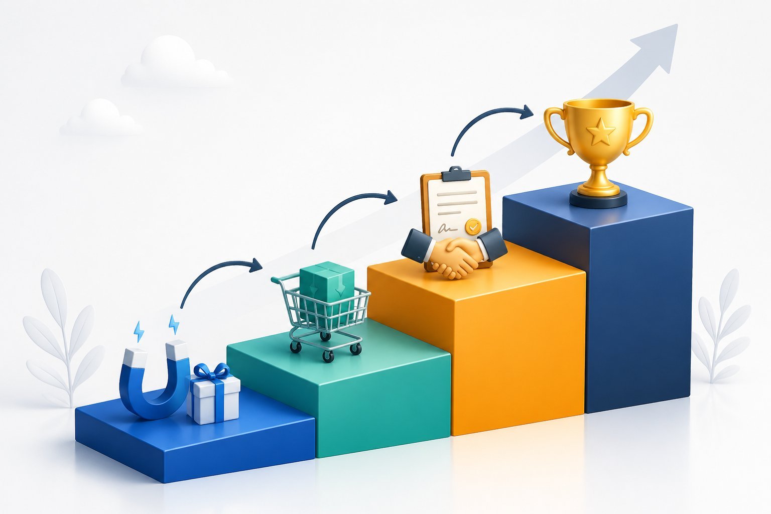 An illustration showing a multi-step ladder with icons on each step representing increasing levels of customer engagement and product offerings.