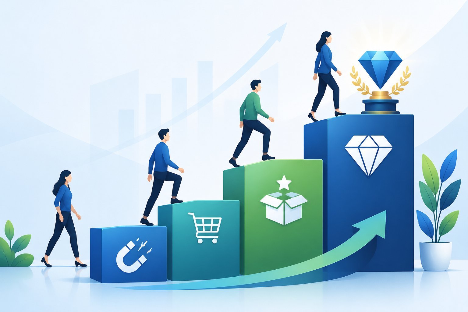 A multi-step ladder showing different stages of customer engagement with icons representing increasing value, and simplified figures moving upward on the ladder.
