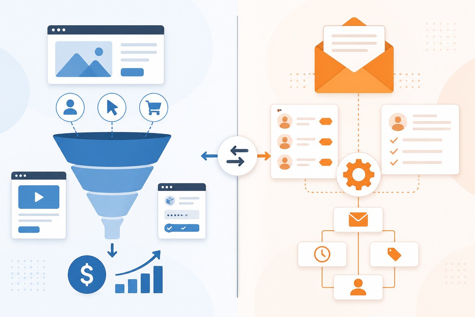 An illustration showing a split scene comparing sales funnel elements on one side and email marketing symbols on the other side.